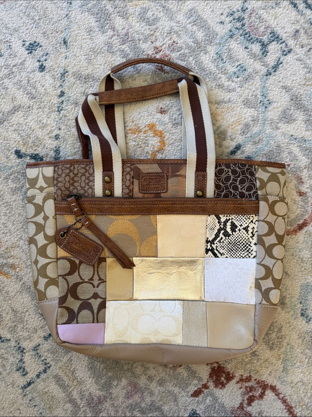 Coach Patchwork Tote in Beige, Brown, Cream and Gold Accents